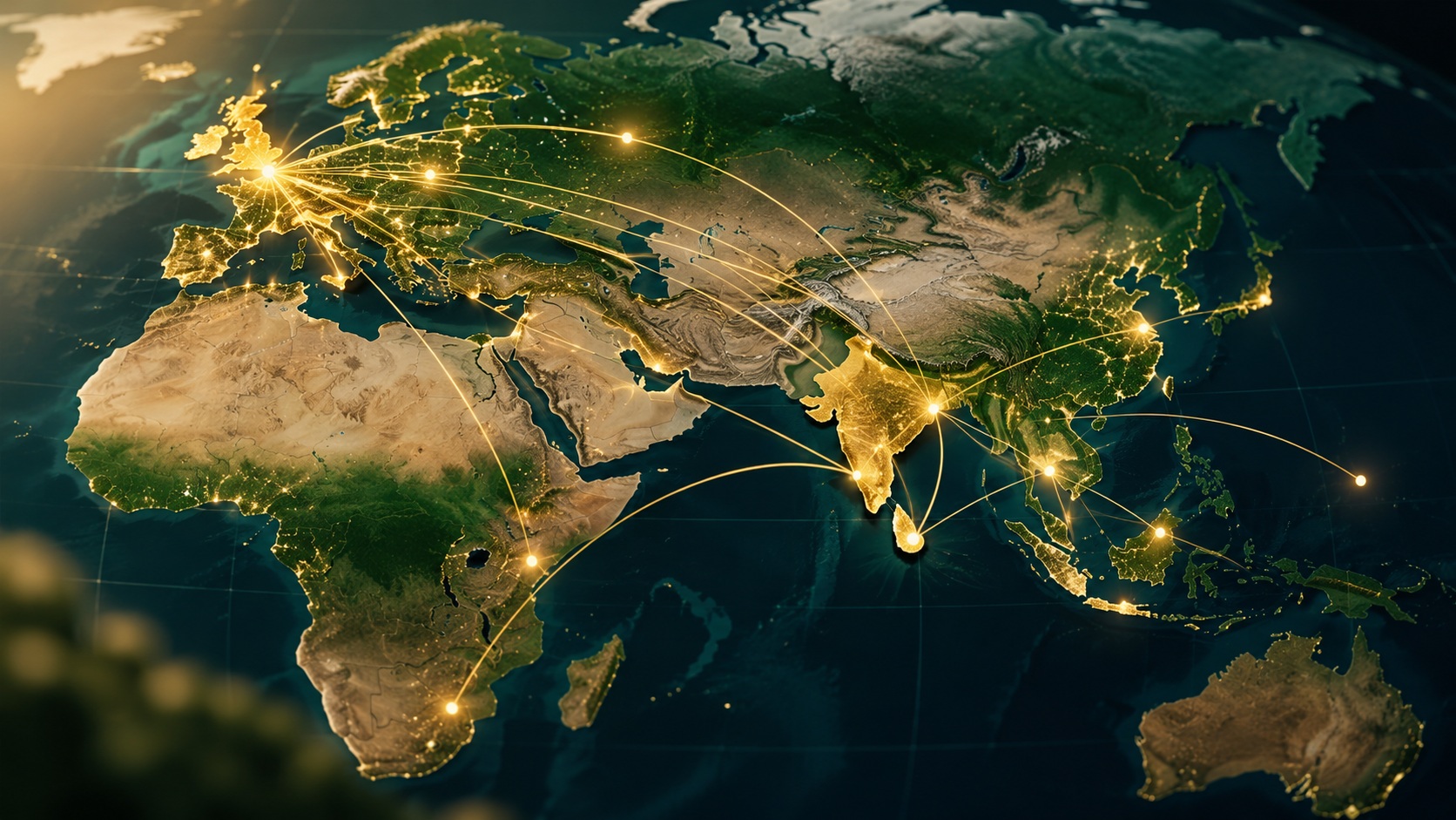Map-style image showing the United Kingdom, Europe, India, Sri Lanka and other international markets